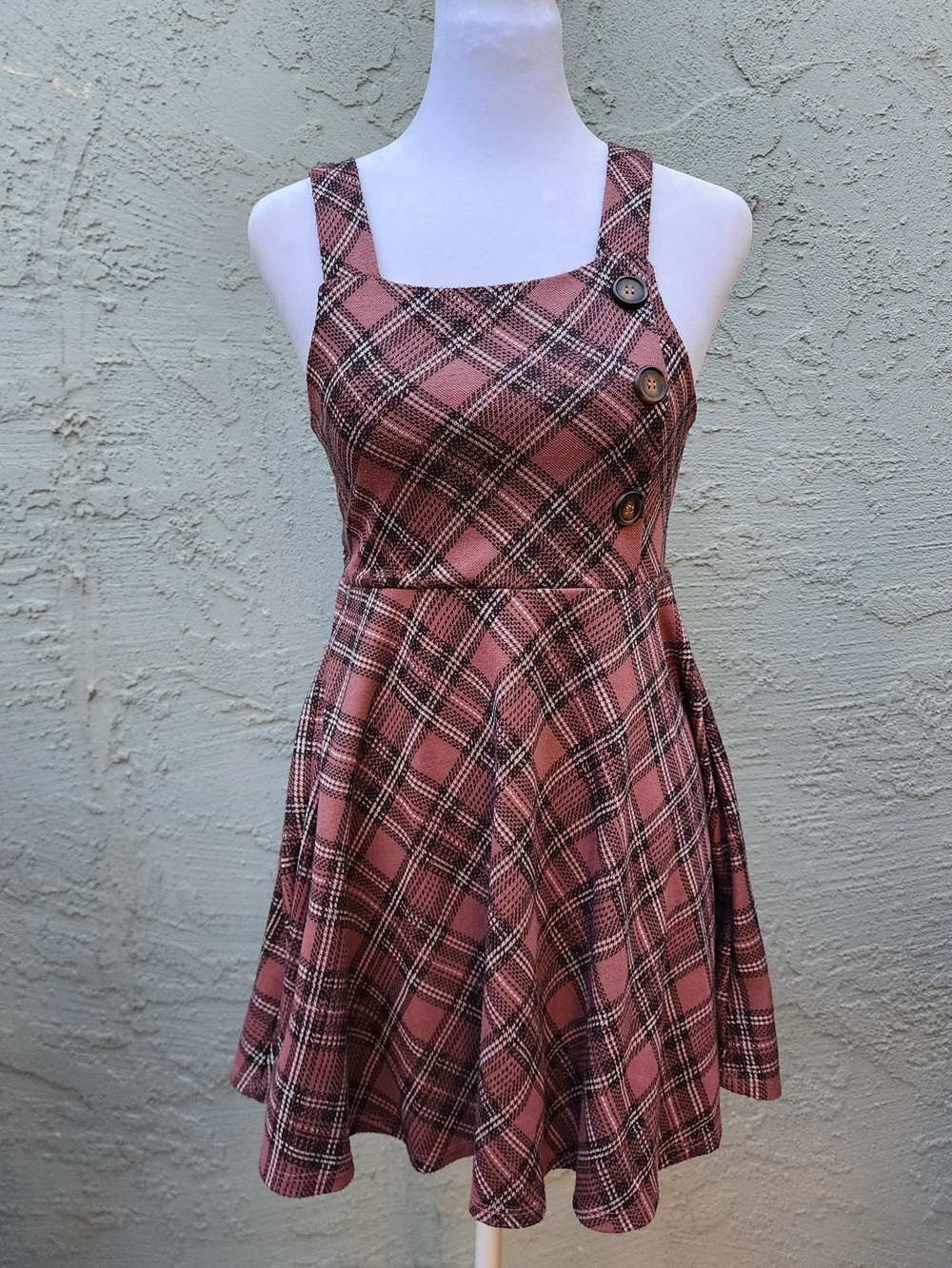Knitworks Girls Pink Plaid Pinafore Jumper Dress Side Buttons Sz [M 10-12]